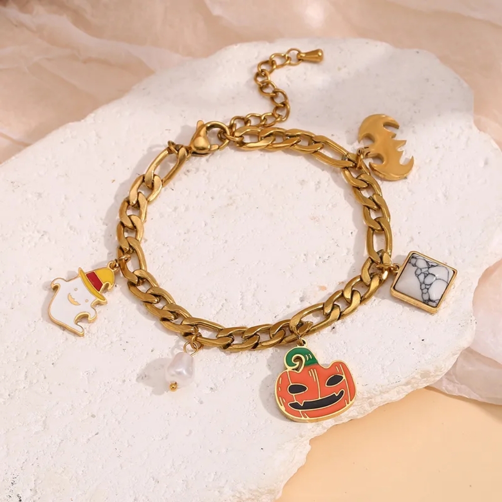 Halloween Gold Plated Stainless Steel Pumpkin Ghost Multi Pendant Charm Bracelet - Picture 5 of 9